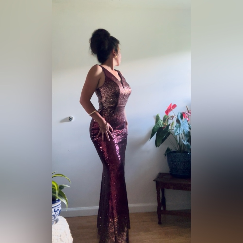 Crystal Doll Maroon and Gold Sequin Maxi Dress